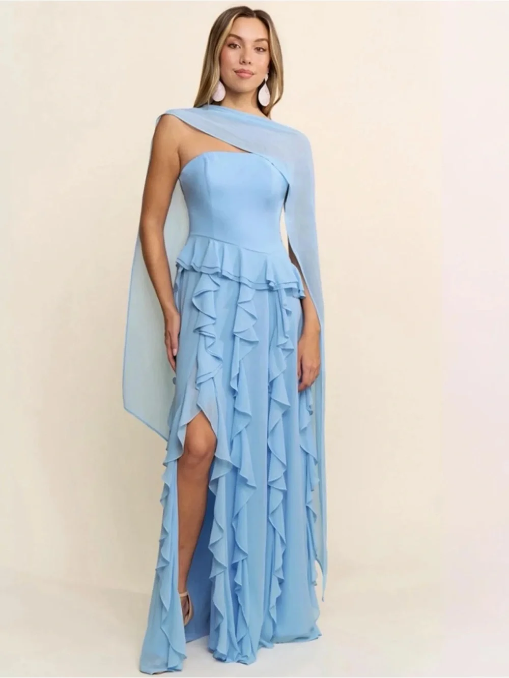 Strapless Sky-Blue Ruffle High-Slit Evening Gown